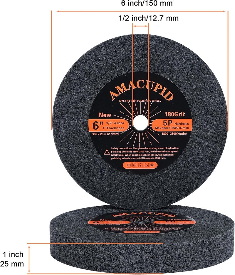 AmaCupid Nylon Fiber Brushed Buffing Wheels 6 Inch 5P Hardness. for Bench Grinder Buffing Machine Polishing Copper. 180 Grit, 1/2 inch Arbor, 1 inch Thickness - Image 2